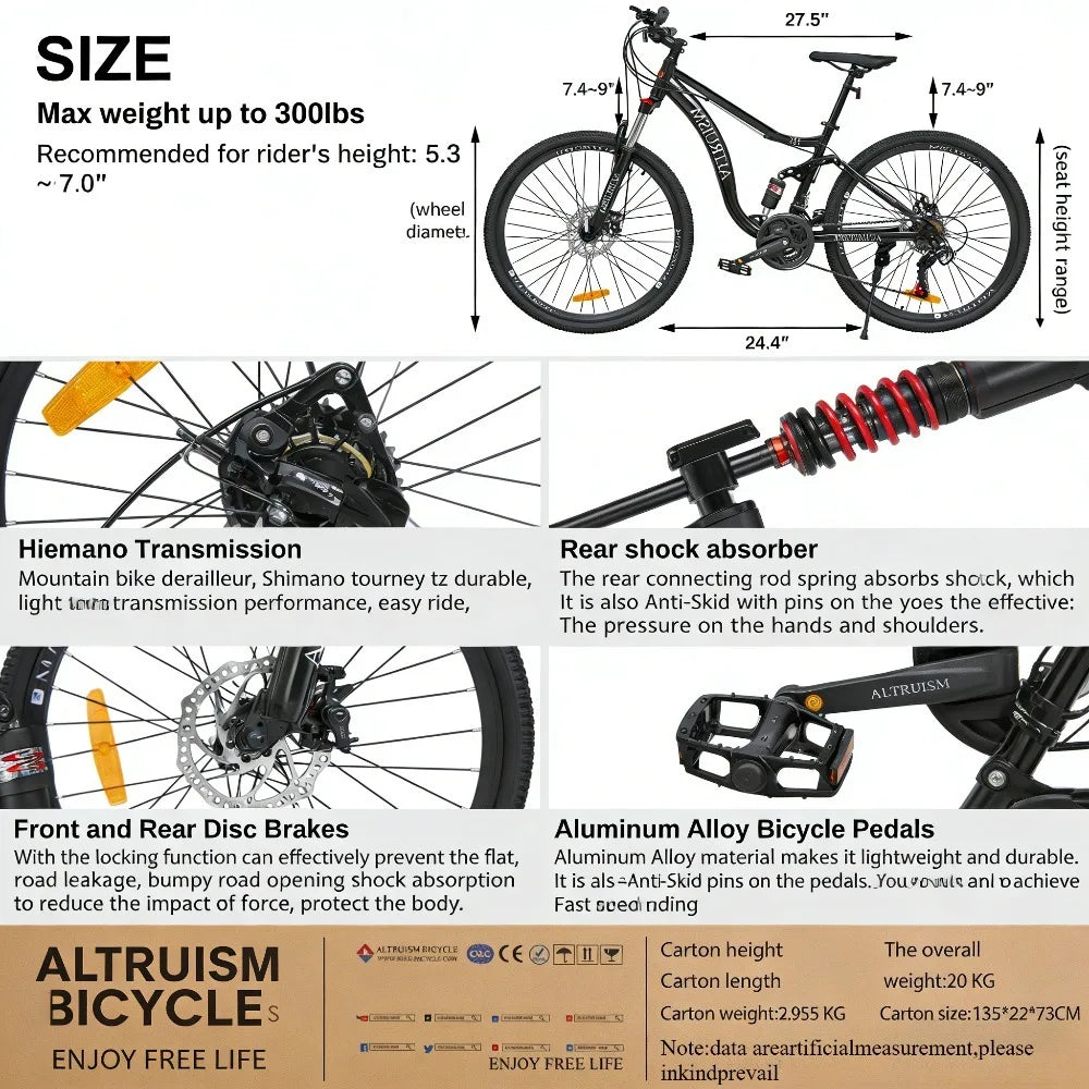ALTRUISM H6 26" Mountain Bike – Full Suspension MTB with 21-Speed Shimano Gears & Disc Brakes for Adults