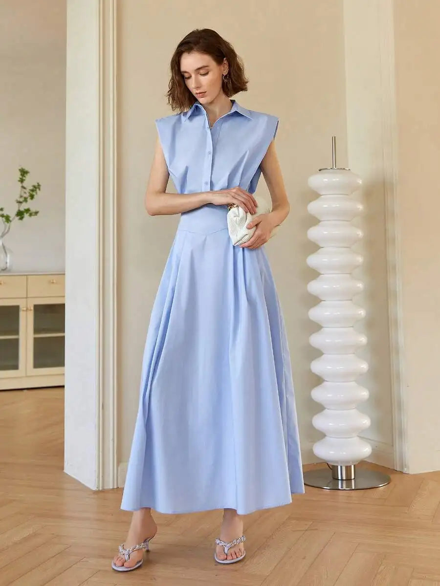 Women's Light Blue Sleeveless Collared Midi Dress, A-Line Fit, Elegant Business Casual Style