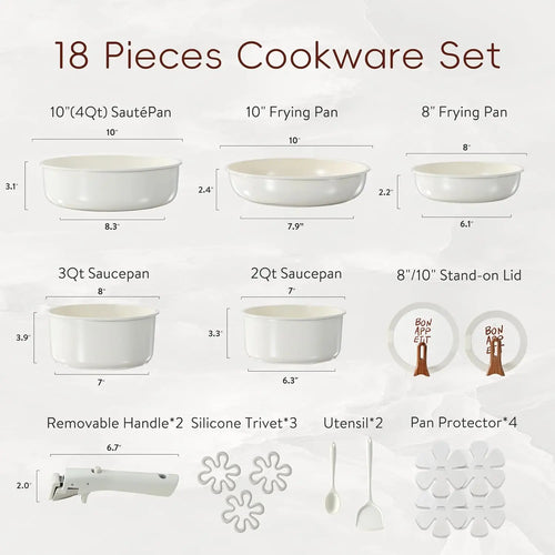 18Pcs Ceramic Cookware Set with Detachable Handle, Pots and Pans Set Non Stick, Non Toxic Kitchen Cooking Sets with Stand-Up Lid