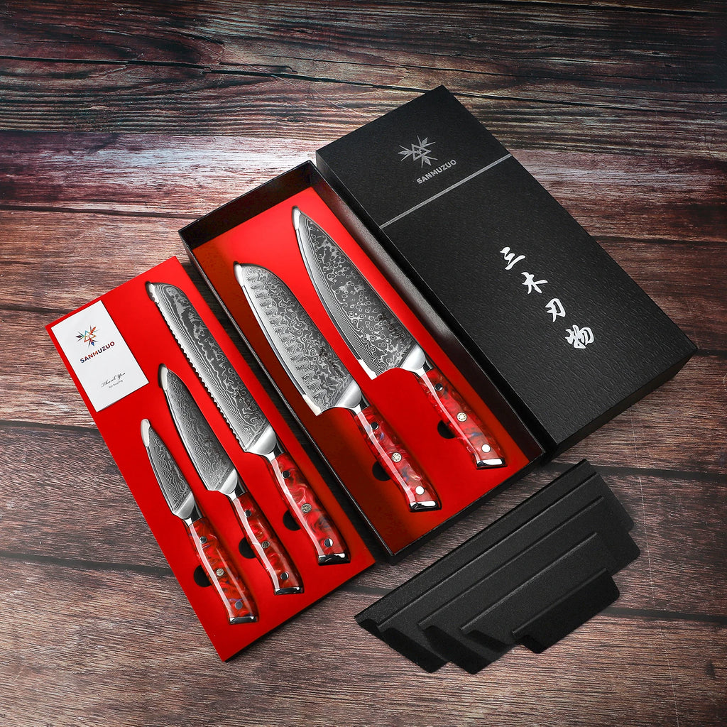 5PCS Kitchen Knife Set - Sharp Damascus Steel Knives with Resin Handle, Chef/Santoku/Bread/Paring/Utility Knife for Home Kitchen