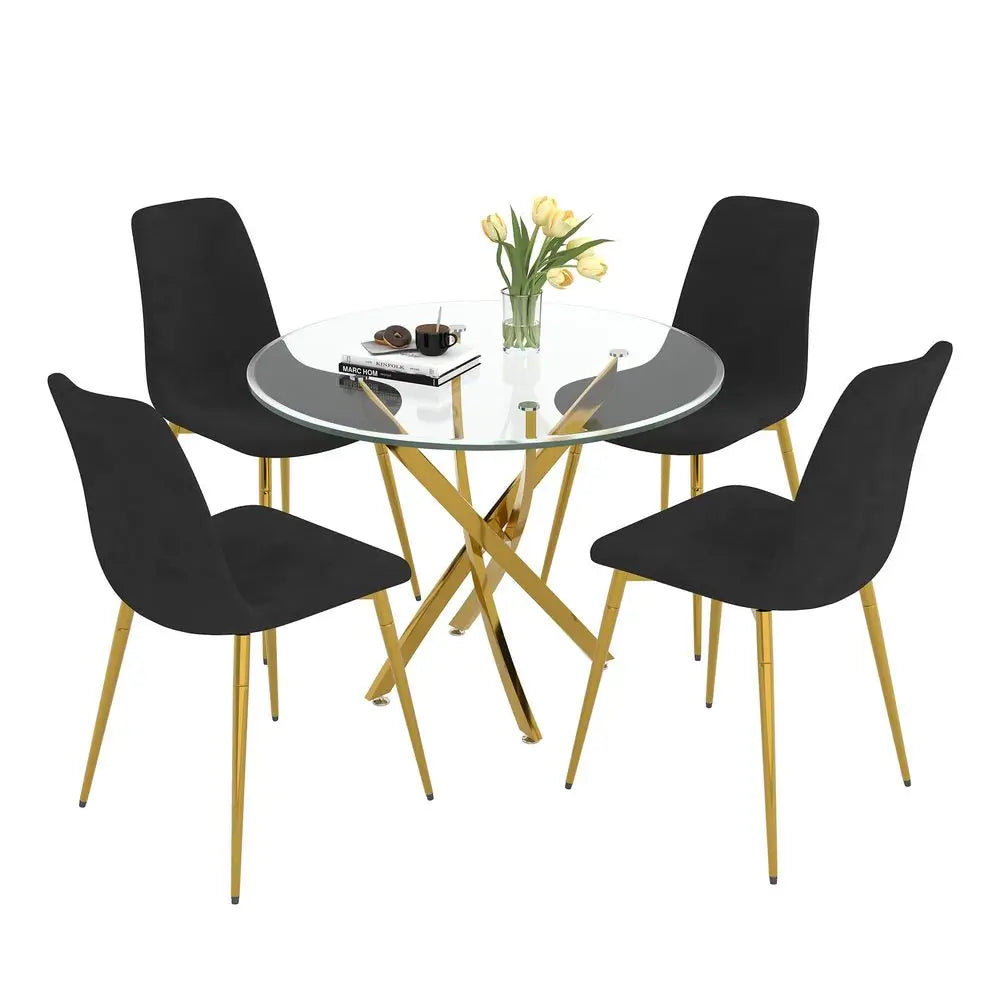 Dining Table Set for 4, 5Piece Round Gold Kitchen Table Set with 4 Black Upholstered Chair, Tempered Glass Dining Room Table for