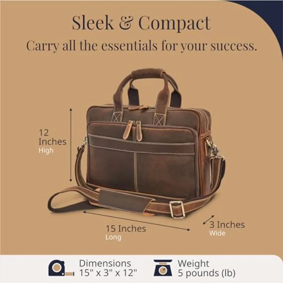 Full-Grain Leather Briefcase for Men - Laptop Bag with Leather Computer Compartment in Brown Durable and Stylish Design for Pro