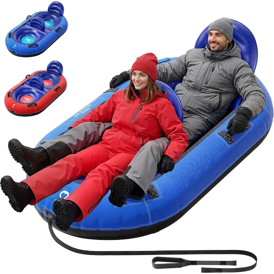 2-Person Inflatable Snow Tube with Dual Backrests & Tow Rope, Heavy Duty Canvas-Covered Blow Up Snow Sled with Handles, Fast Inf