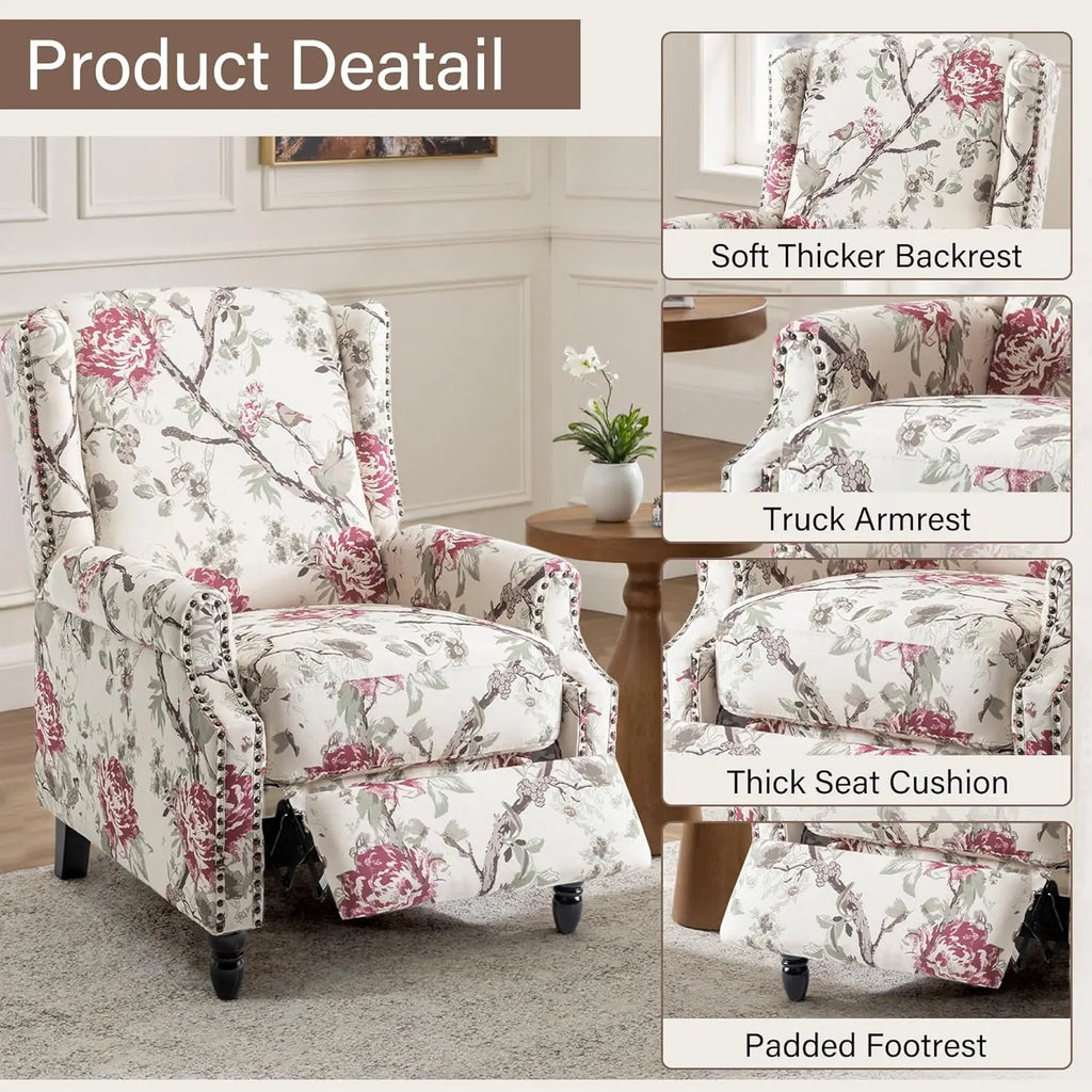 Pushback Floral Recliner Chair, Fabric Upholstered Armchair Push Back Accent Chair For Living Room, Rivet Trim Club, Customized