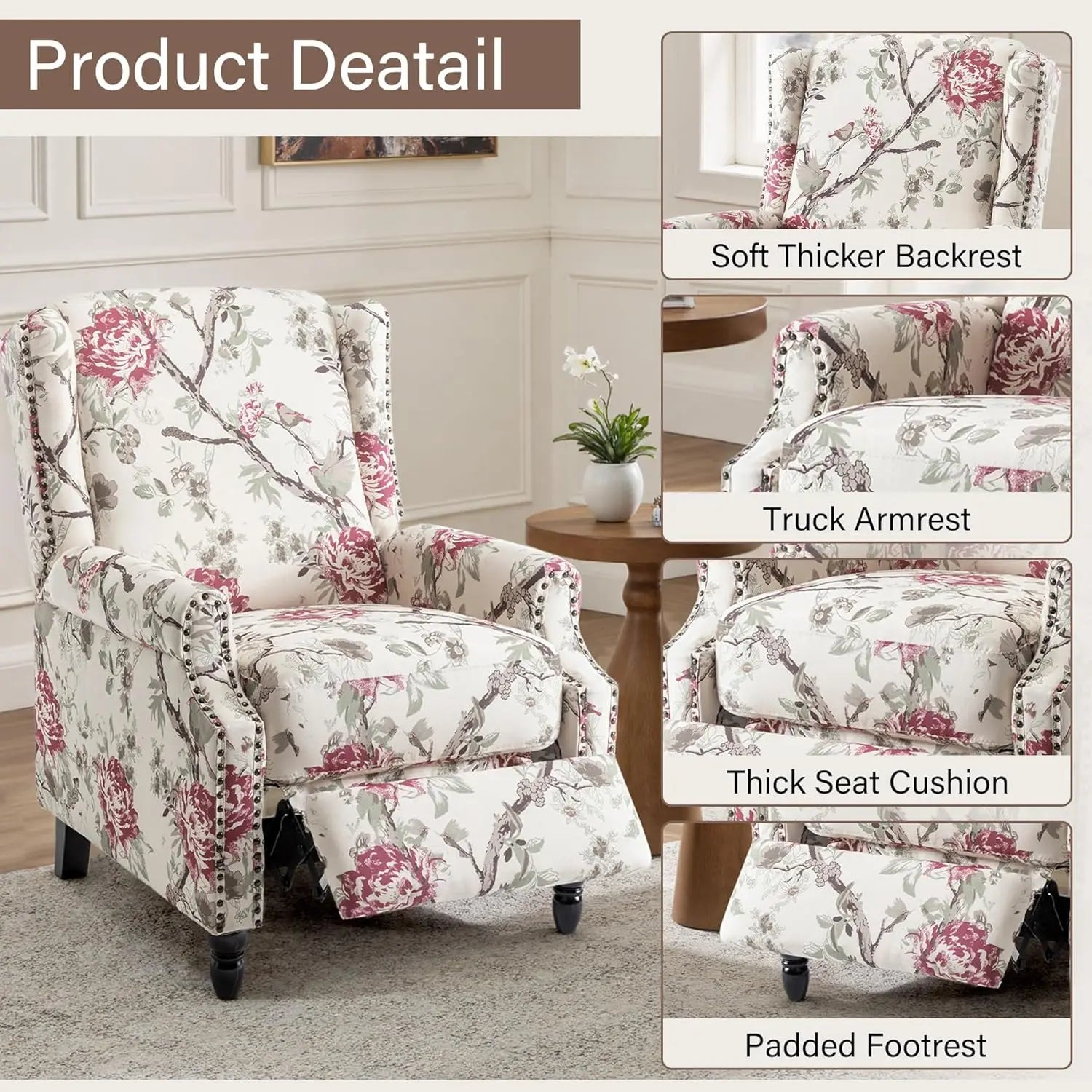 Pushback Floral Recliner Chair, Fabric Upholstered Armchair Push Back Accent Chair For Living Room, Rivet Trim Club, Customized