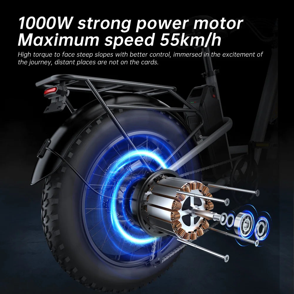 EKX L1 Adult Electric Bike 1000W Motor（1400W peak）34MPH, 48V 15.6Ah Removable Battery With 20''4.0 Fat Tire 7 Speed Urban Ebike