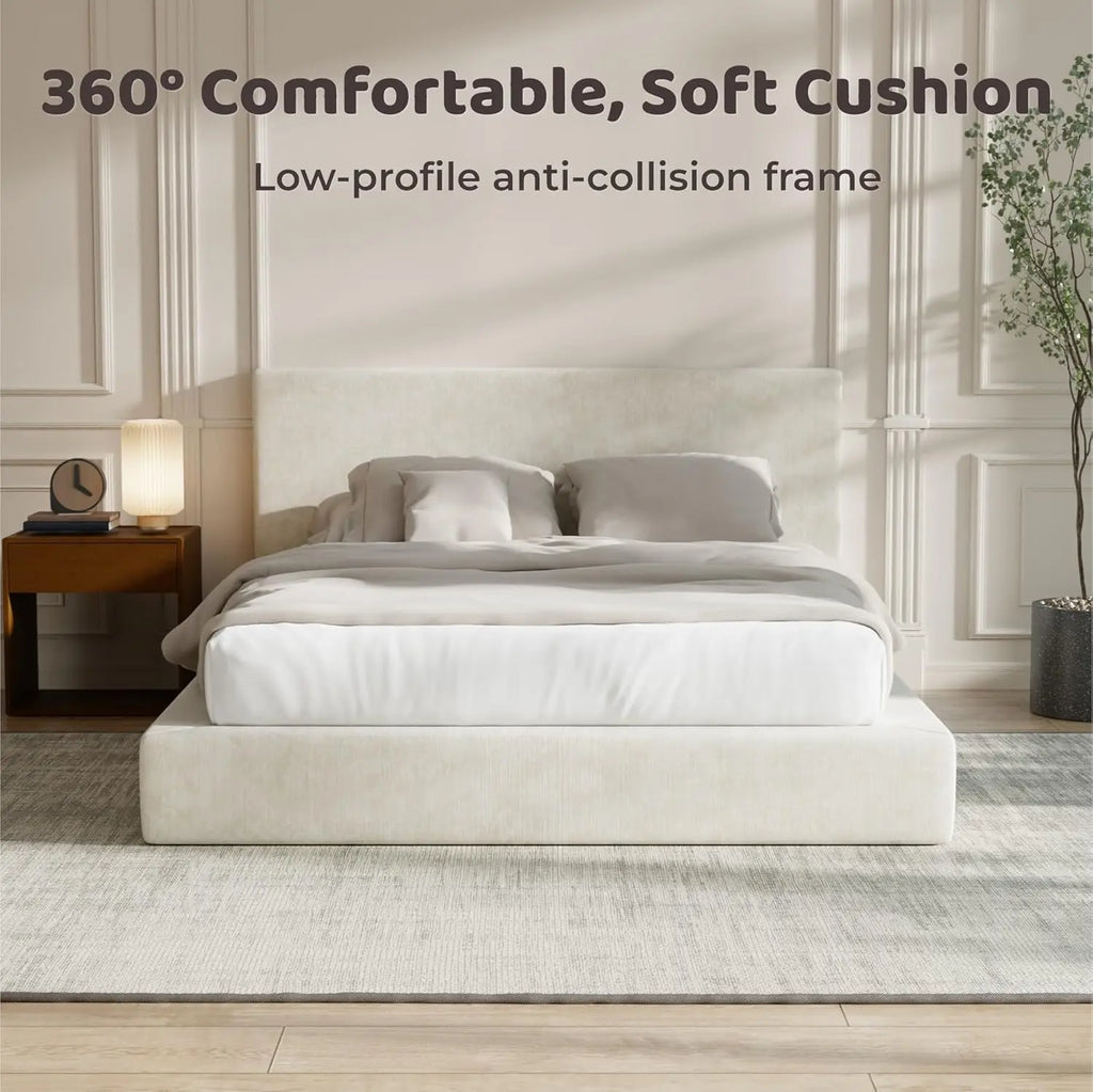 Upholstered Queen Bed Frame with Headboard Foam Padded Platform No Box Spring Easy Assembly Cream Customized