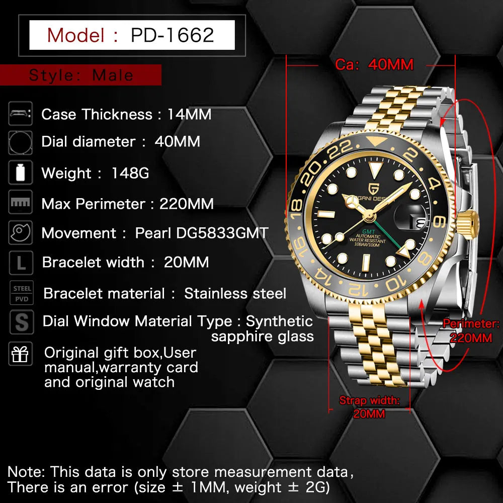 PAGANI DESIGN Gift Men's Watch GMT 40mm Mechanical Watch Top Brand Stainless Steel Waterproof Business Automatic Watches for Men