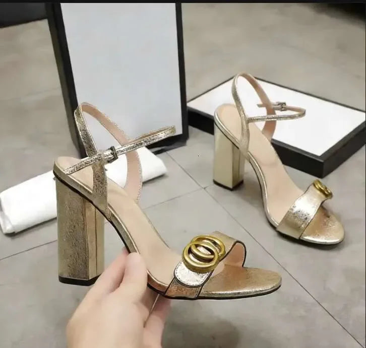 Designer Sandals Luxury Leather Party Fashion Metal Double Button High Heels Summer Sexy Open toed Women Thick Heel Dress shoe