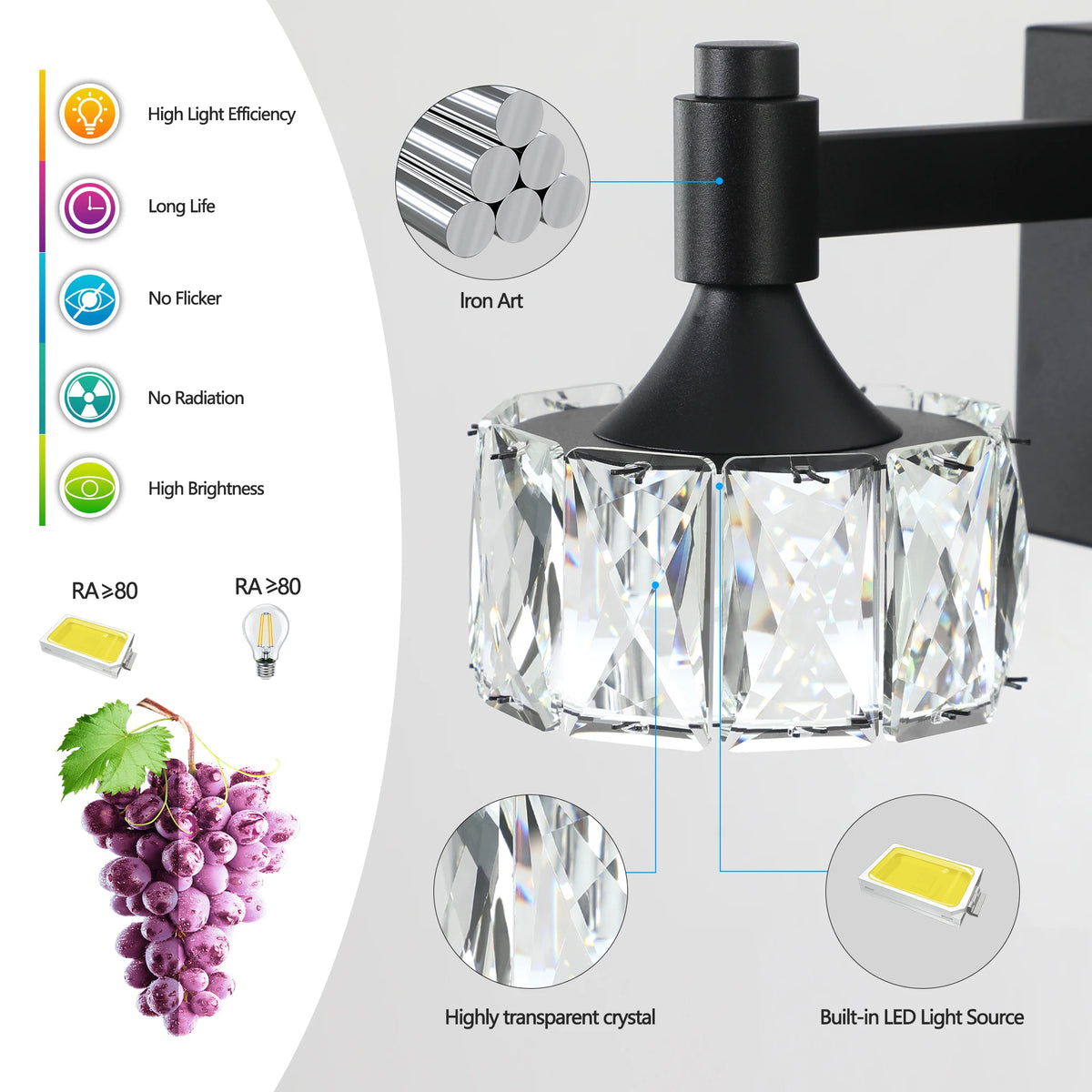 Modern LED Vanity Light 6-Light Matte Black Fixture with Crystal Glass Shades, Bathroom Wall Sconce for  Contemporary Home Decor
