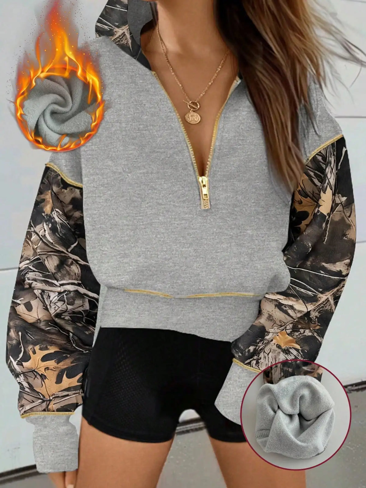 Women's Light Gray Half-Zip Hooded Sweatshirt with Gold Trim, Loose Fit Casual Pullover