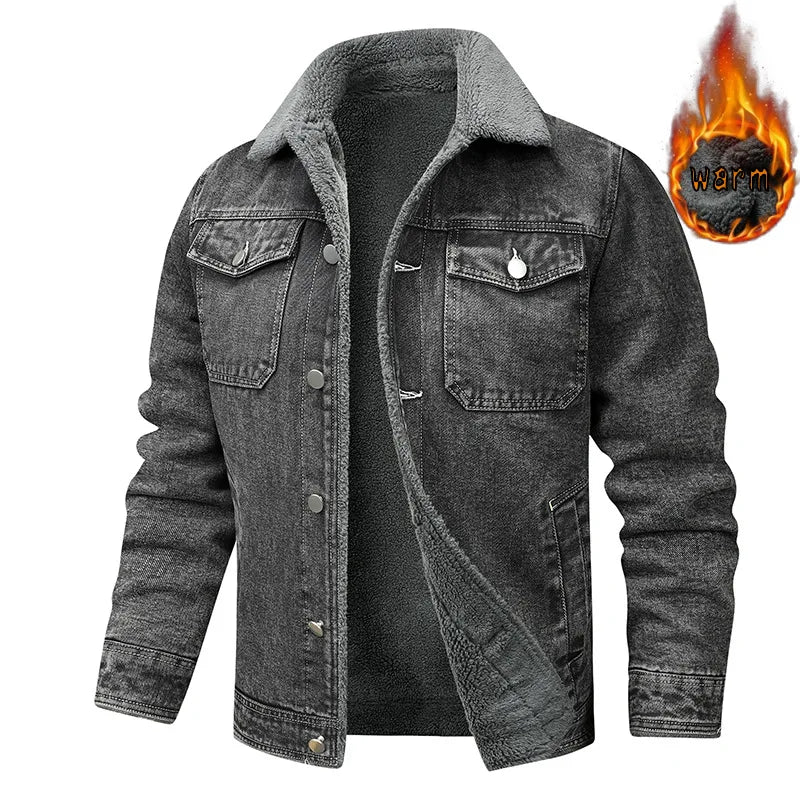 Men's denim jacket wool warm inner cotton jacket for autumn and winter casual outdoor plus size work jacket can be50-100kg