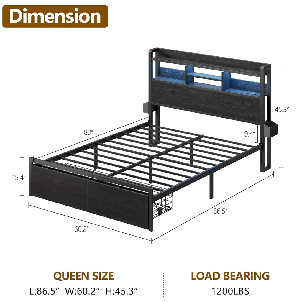 Frame with Wood Headboard and Storage Shelf, Metal Platform Bed Frame with Storage Drawers, Customized