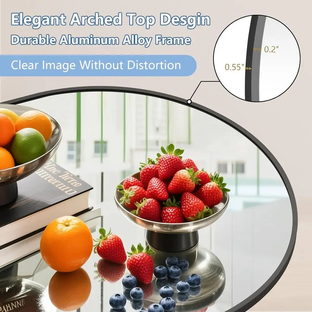 Arched Floor Mirror, 82x44, Black, Full-Length, Stand Included, Wall or Hanging Mount, Tempered Glass, Ideal for Home & Fitness