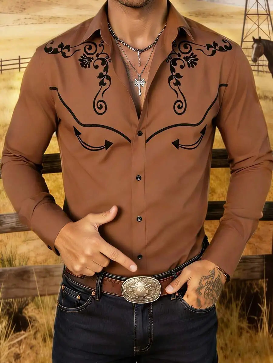 Men's Western Style Contrast Color Embroidered Yoke Shirt, Long Sleeve Casual Top