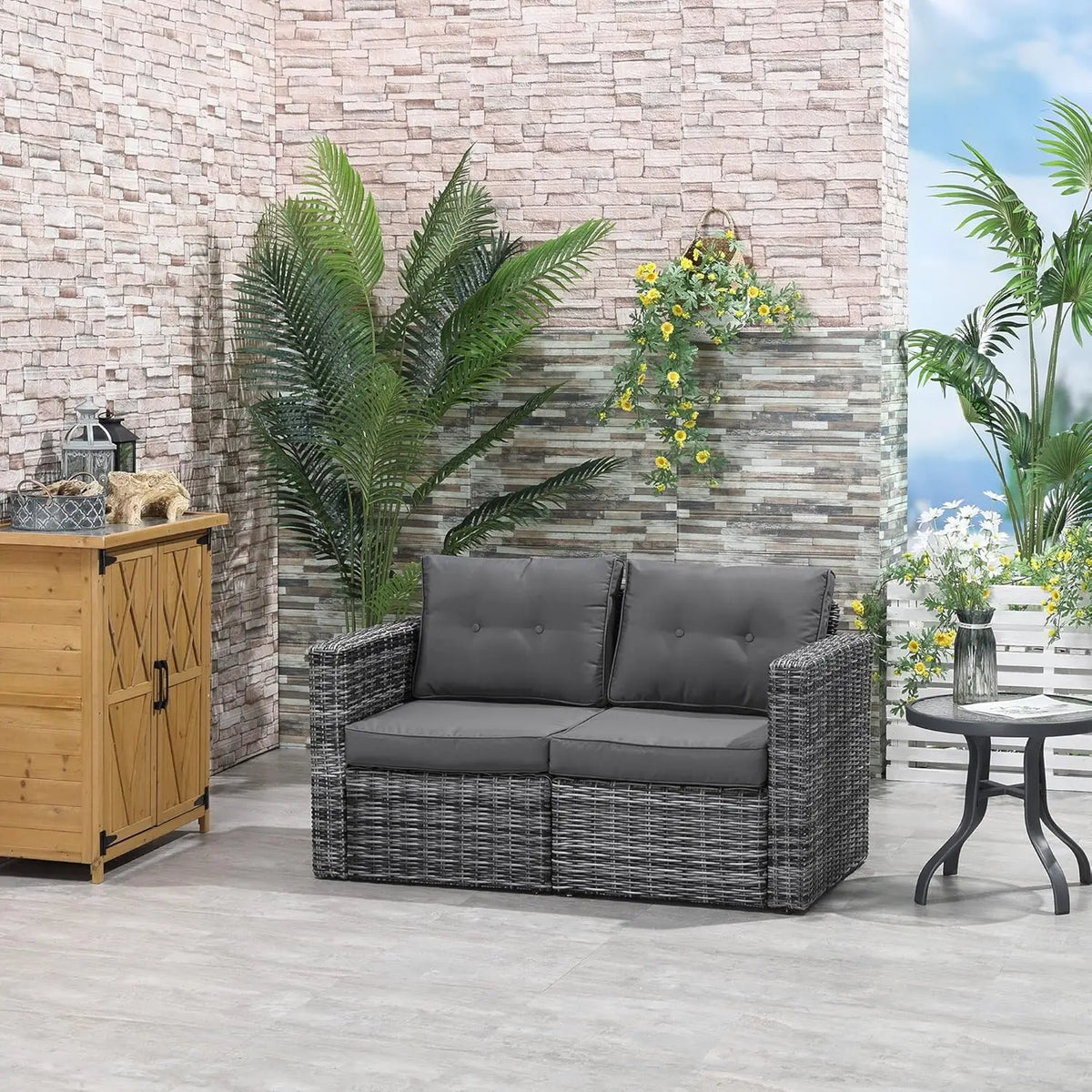 2 Piece Patio Corner Sofa Set Outdoor PE Rattan Curved Armrest Padded Cushion Balcony Garden Lawn Gray, Customized