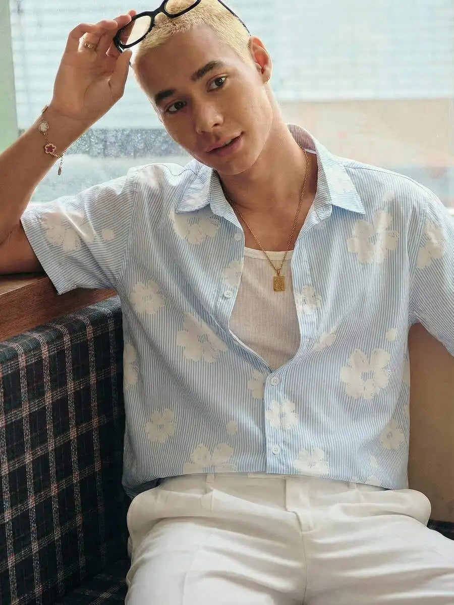 Men's White Loose Short Crop Shirt with Strawberry Graphic Print