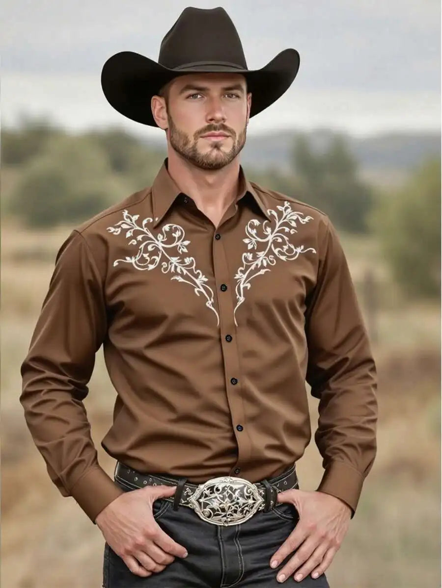 Men's Black Long Sleeve Western-Style Shirt with White Floral Embroidery