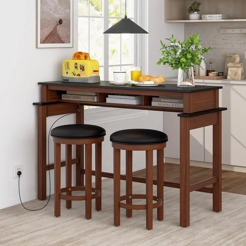 36 Counter Height Bar Table Set with 2 Upholstered Stools, Power Outlet, Ideal for Pub, Kitchen, Dining, Living Rooms, Small Spa