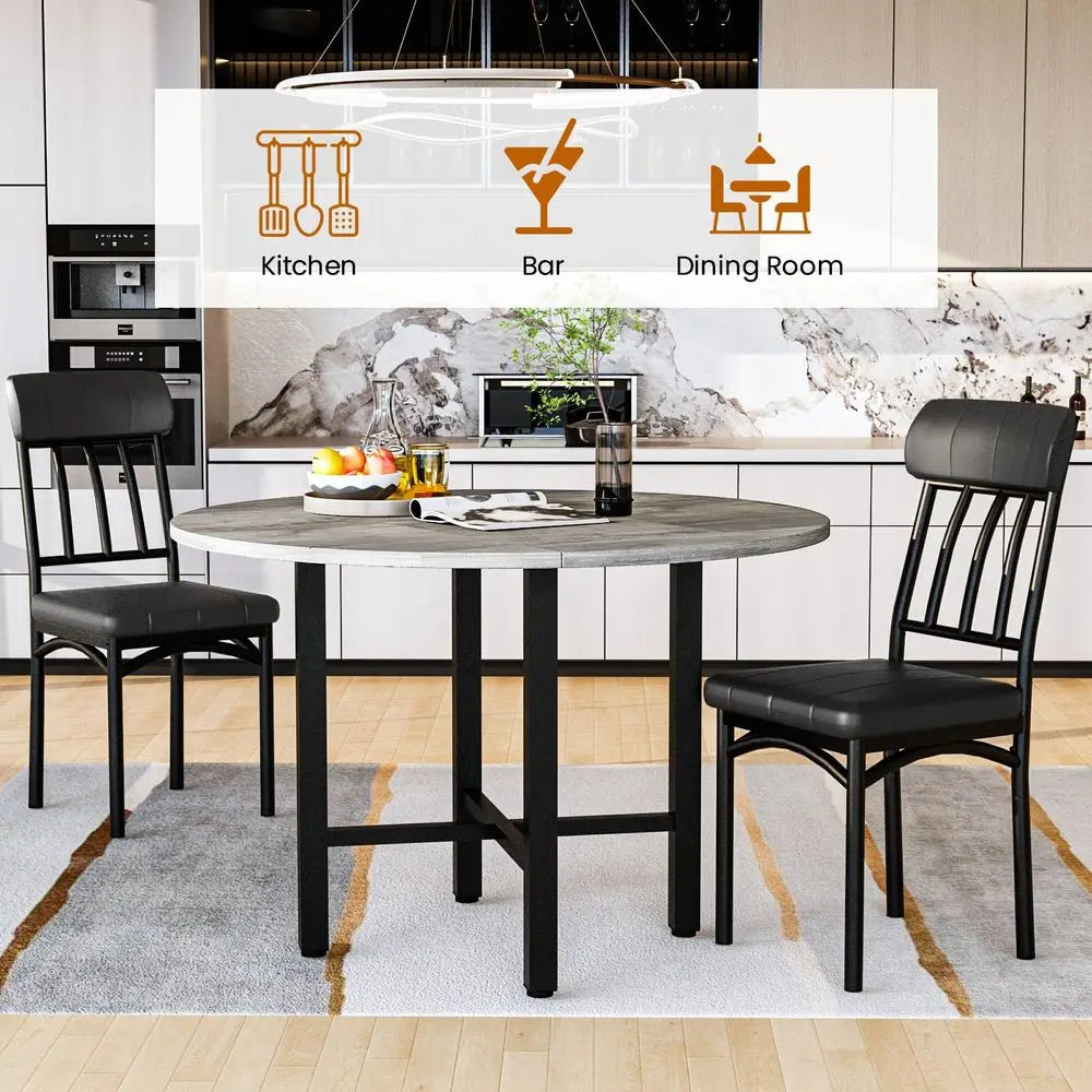 Round Dining Table Set for 4, Wood Circle Kitchen Table and Chairs Set for 4, Modern Dining Room Sets with 4 Faux Leather Chairs