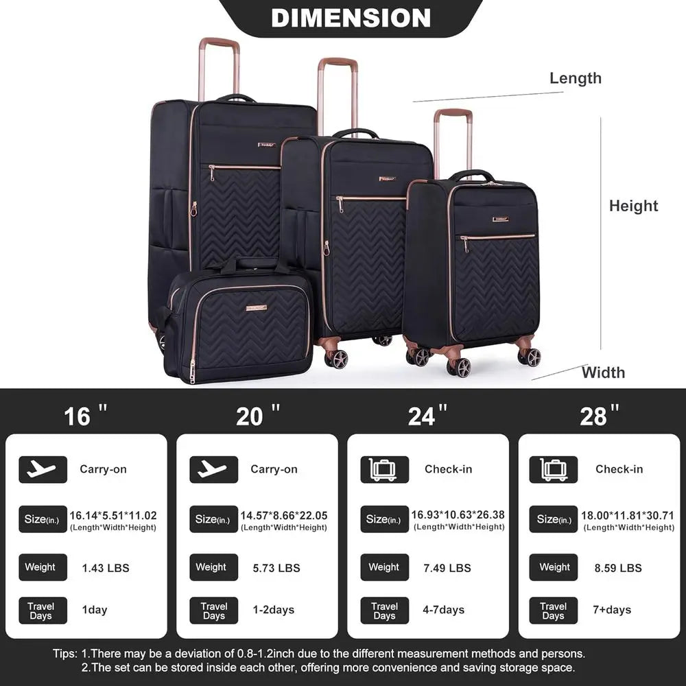 Expandable Lightweight Suitcase Set, 4-Piece with Double Spinner Wheels (16/20/24/28 inches), Black