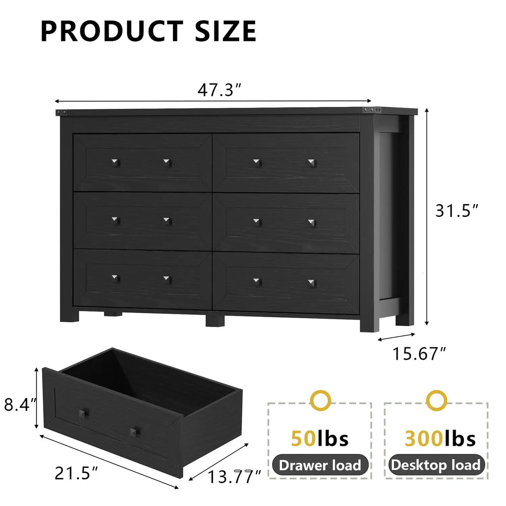 Black Dresser for Bedroom with 6 Drawers, Modern Chest of Drawers, Wood Dressers Bedroom Furniture Wide Storage, Customized