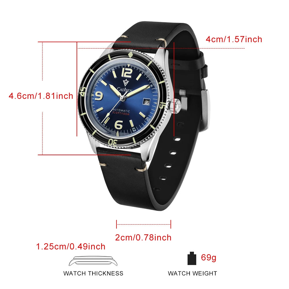 CADISEN NEW Watches Mechanical Automatic Wristwatches MIYOTA 8215 Movement Genuine Leather Waterproof Luminous Red Watch of Men