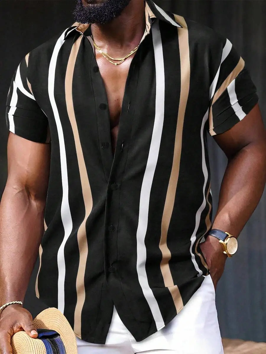 Men's Short Sleeve Button-Up Shirt with Vertical Stripe Print, Casual Vacation Style