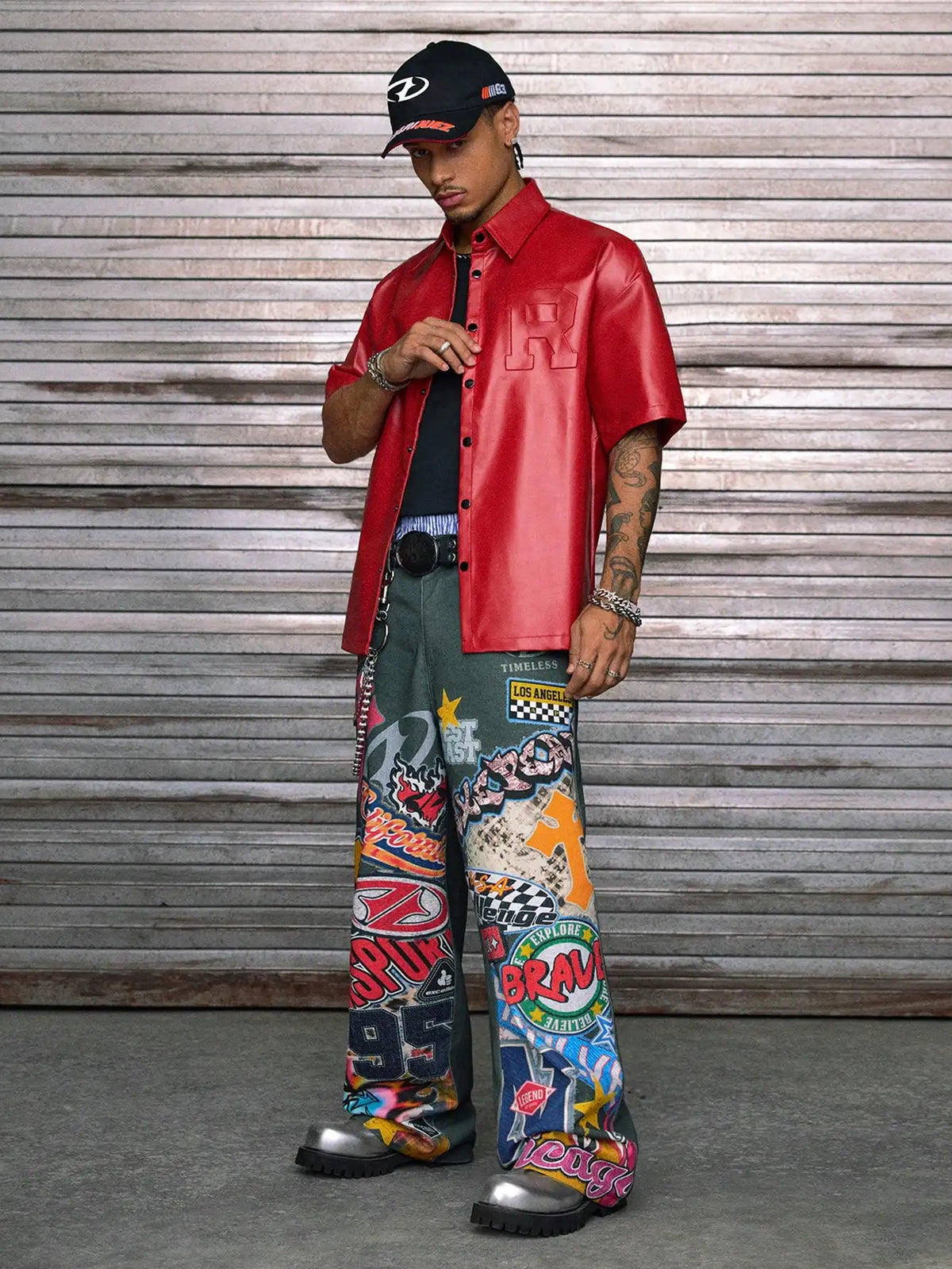 Men's Red PU Leather Short Sleeve Button-Up Shirt with Embossed Letter Design