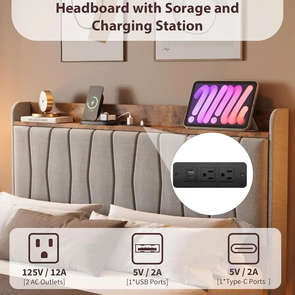 GarveeHome loating Bed e King with LED Lights & USB Charging Station – ern Upholstered Platorm Bed with board, Solid Wood Slats