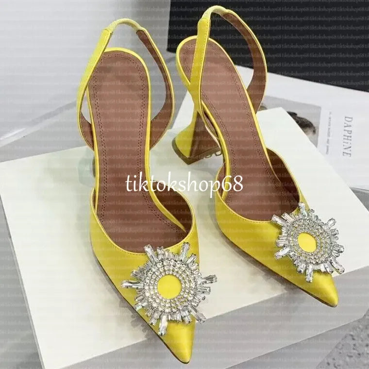 Amina muadii heels designer sandals womens wedding dress shoes satin pointed slingbacks bowtie pumps crystal sunflower flower hi