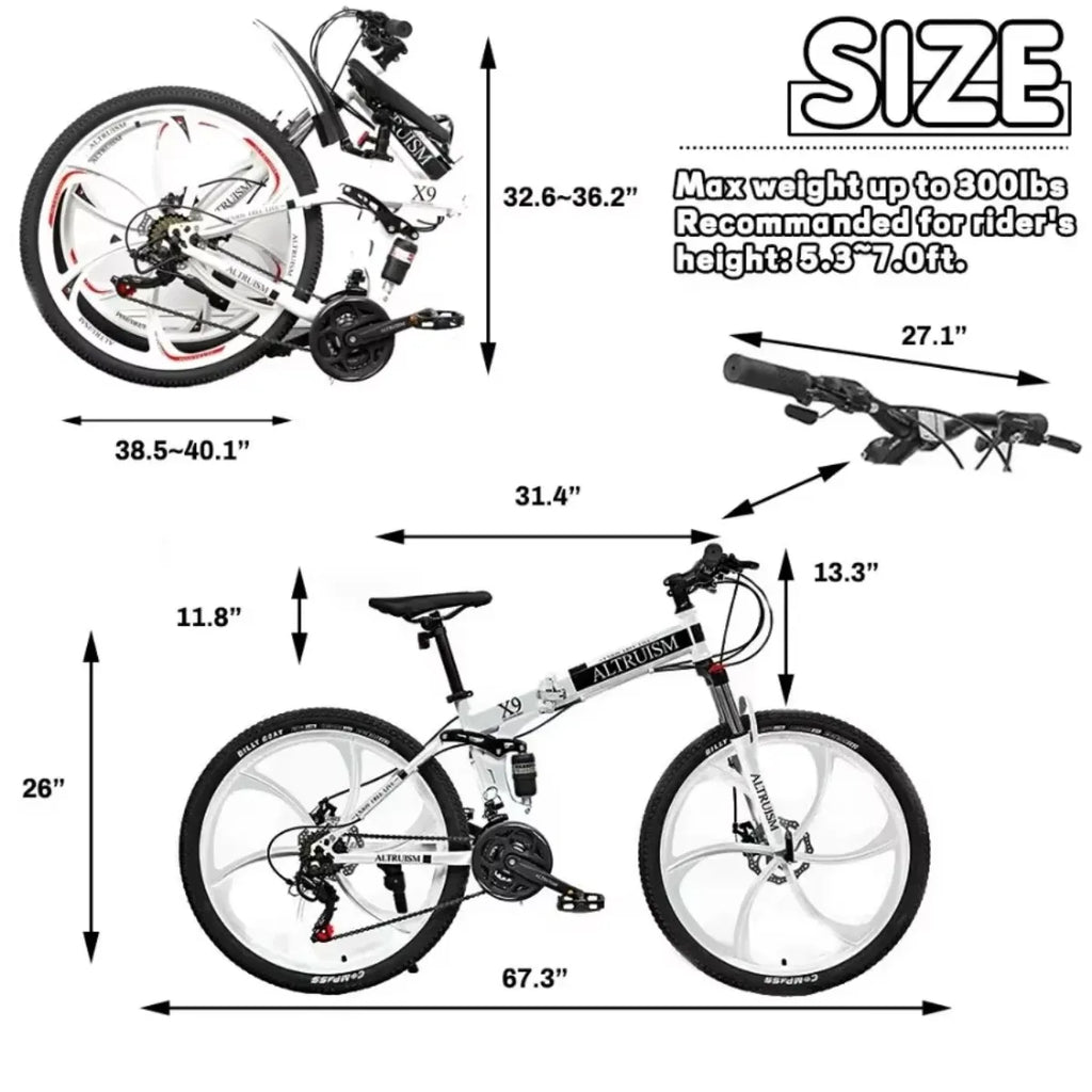 26" Full Suspension Mountain Bike - 21 Speed Shimano Gears, Disc Brakes, Steel Frame MTB