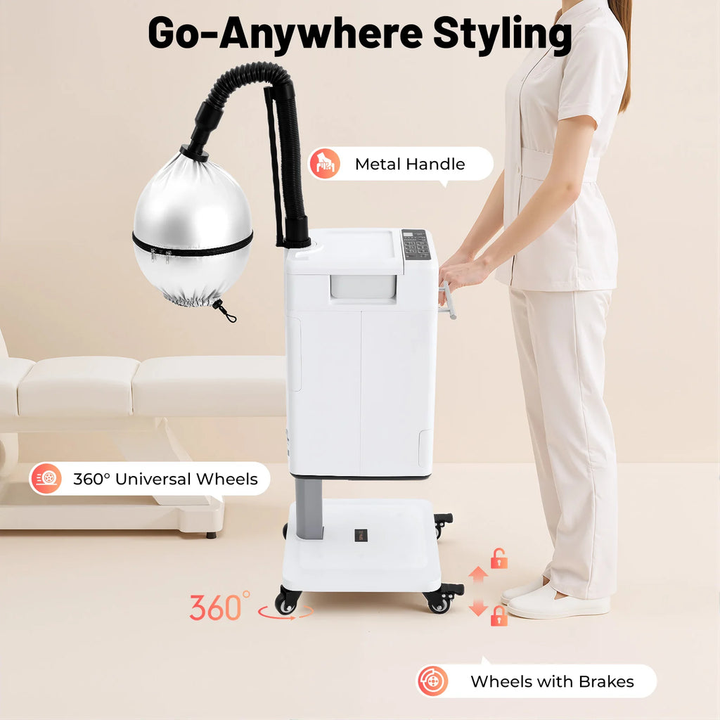 White Mobile Nano Steam Hair Dye Perm Machine Anion Vapor Hair Steamer 110V US Plug With Universal Wheels