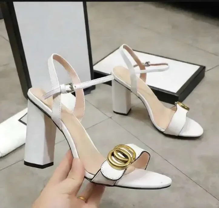 Designer Sandals Luxury Leather Party Fashion Metal Double Button High Heels Summer Sexy Open toed Women Thick Heel Dress shoe