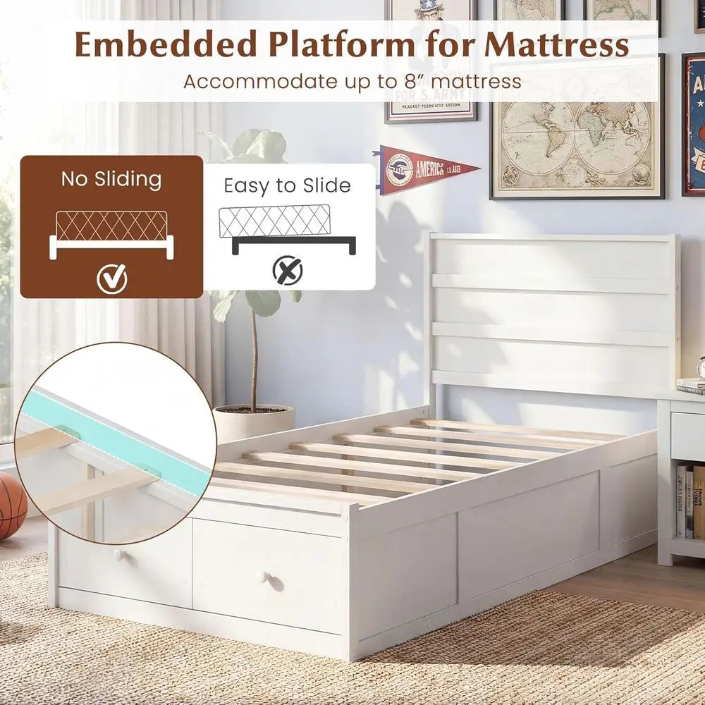 White Twin Bed with Storage Drawers, Wooden Platform Design, Solid Mattress Support and Enclosed Base, No Box Spring Required