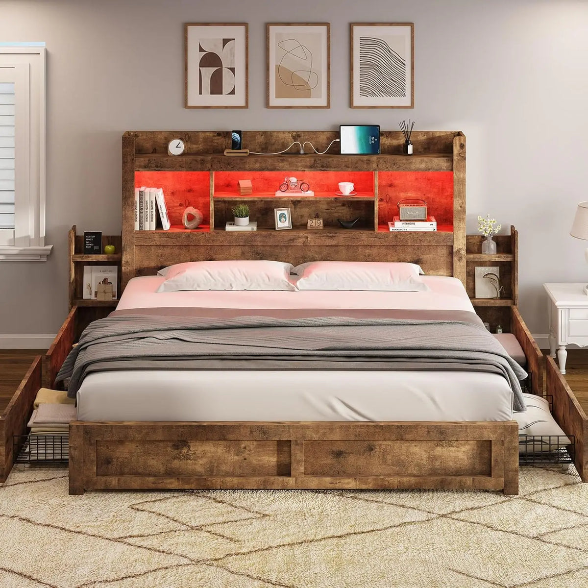 Queen Storage Bed Frame with LED Headboard Bookcase Charging Station 2 Slide Shelves No Box Spring Black, Customized
