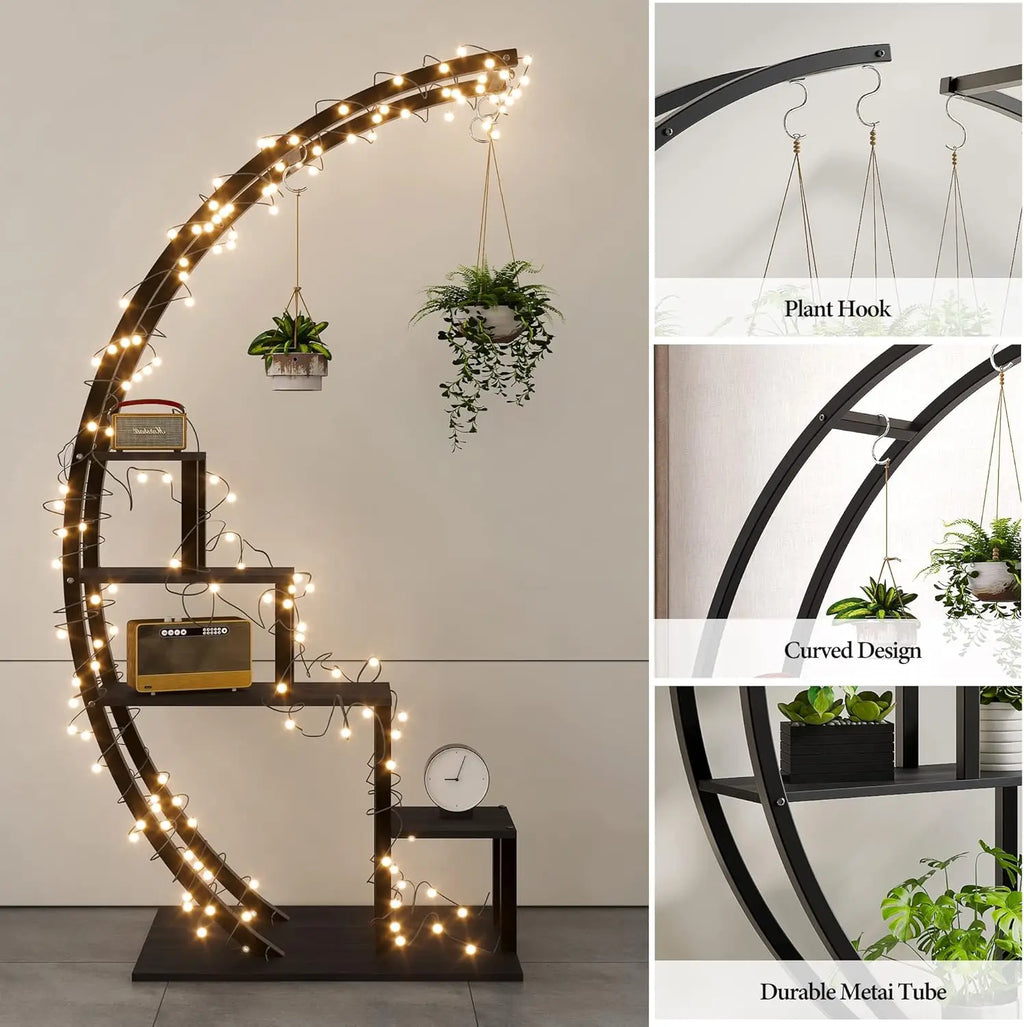 5-Tier Tall Metal Half Moon Plant Shelf, Space-Saving Indoor Flower Rack for Multiple Plants Display