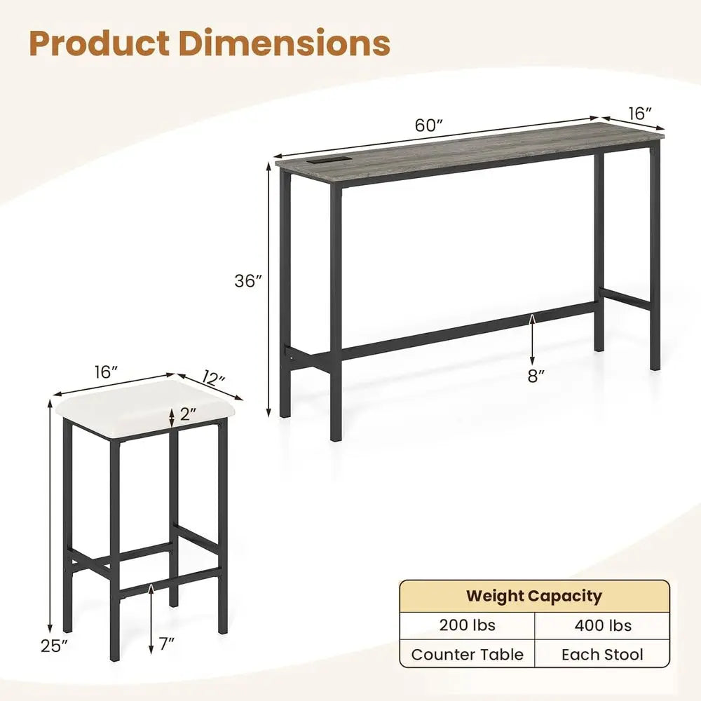 4-Piece Counter Height Bar Set with Outlet, 60 Dining Table & 3 Padded Stools, Kitchen Island Table with Upholstered Chairs for