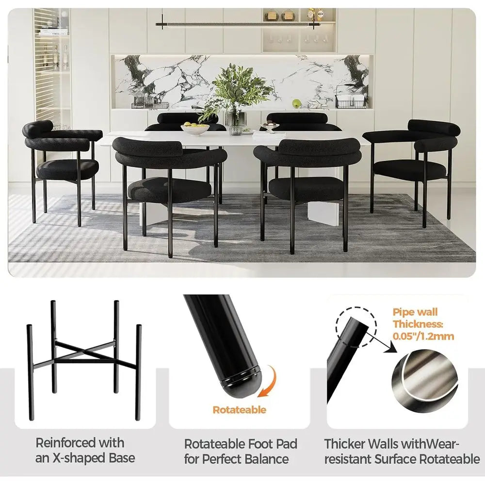 Set of 4 Modern Black Boucle Dining Chairs with Arms, Barrel Design, Metal Legs, and Curved Backrests for Kitchen and Dining Roo