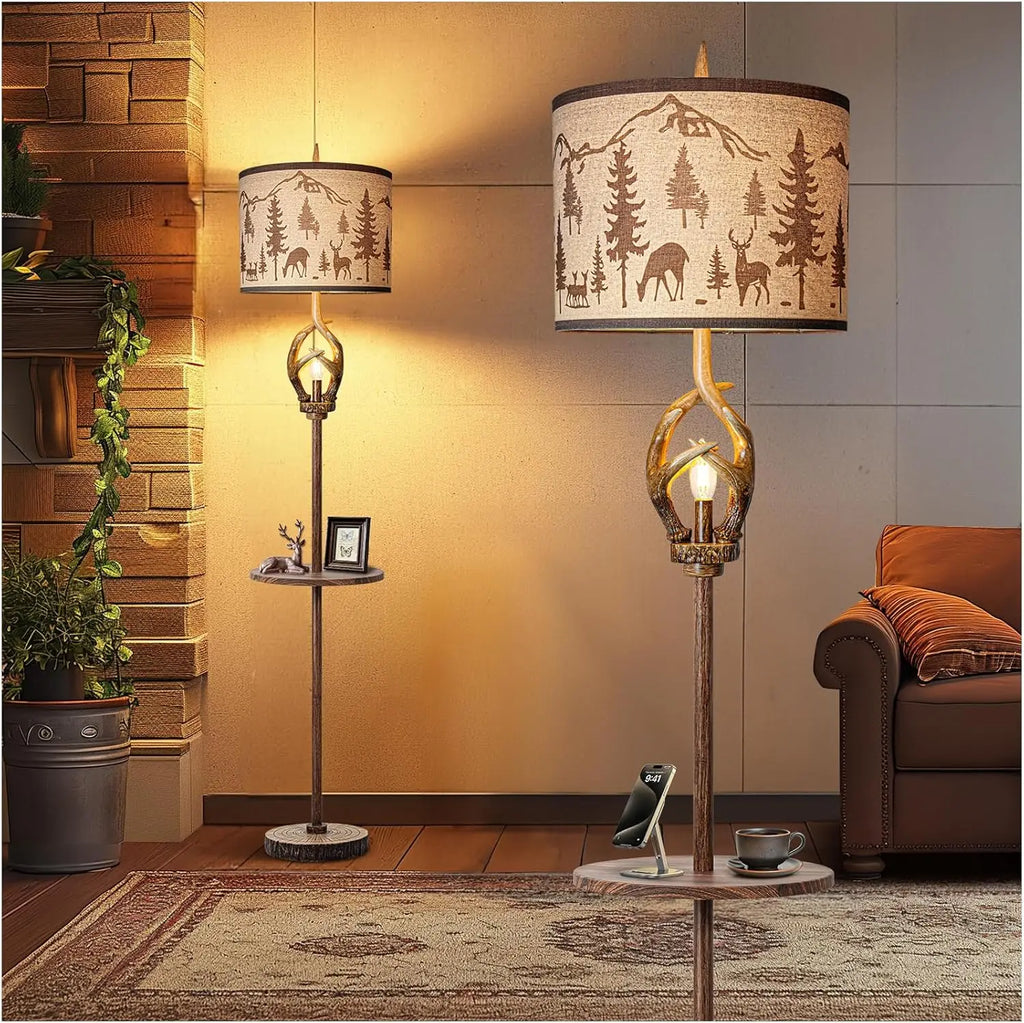 Rustic Antler Floor Lamp with Tray and Night Light, Farmhouse Decor for Living Room Bedroom Office