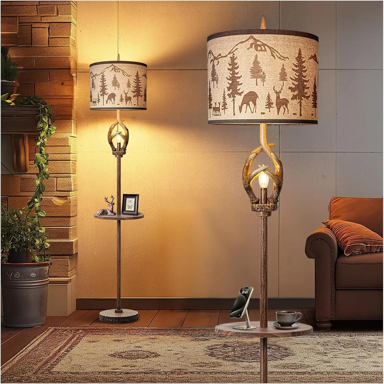 Rustic Antler Floor Lamp with Tray and Night Light, Farmhouse Decor for Living Room Bedroom Office