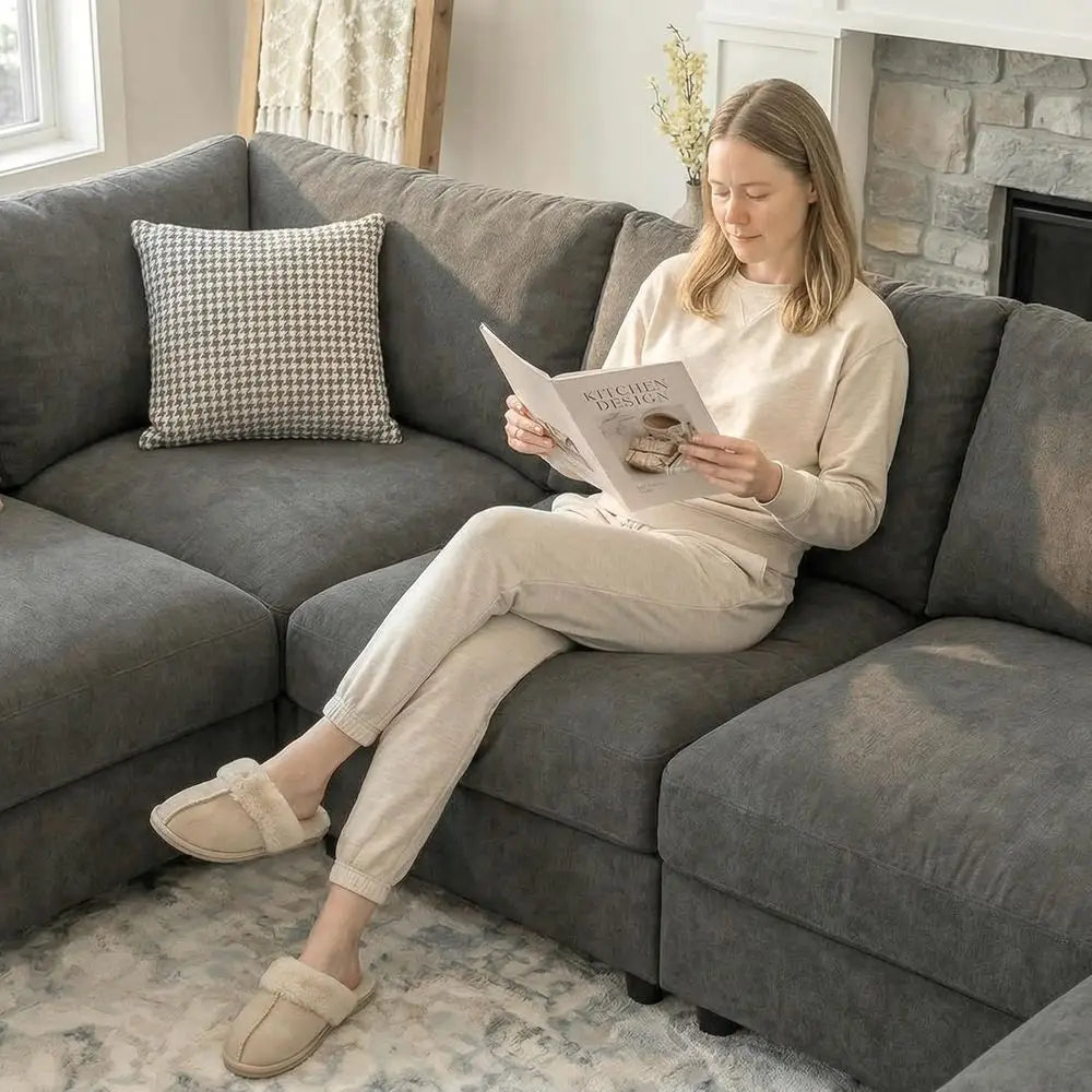 Velvet Grey V-Shaped 6-Seat Sectional Couch with Oversized Cloud-Shaped Sleeper Sofa and Detachable Chaise