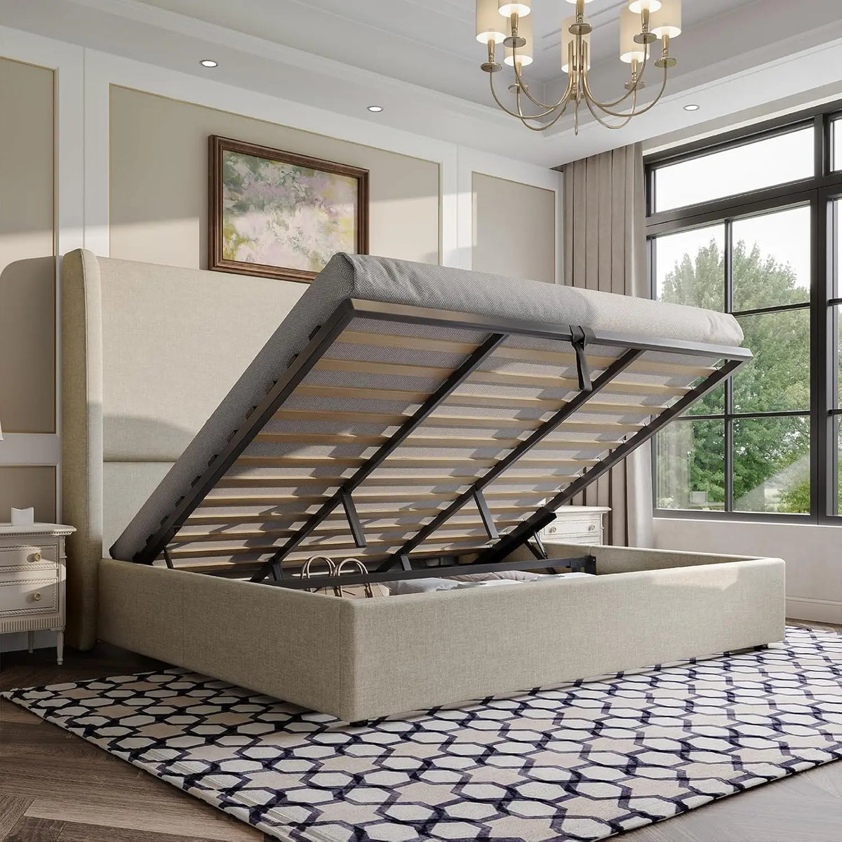 Lift Up Storage Bed King Upholstered Platform Frame Hydraulic Wingback Headboard No Box Spring Khaki, Customized