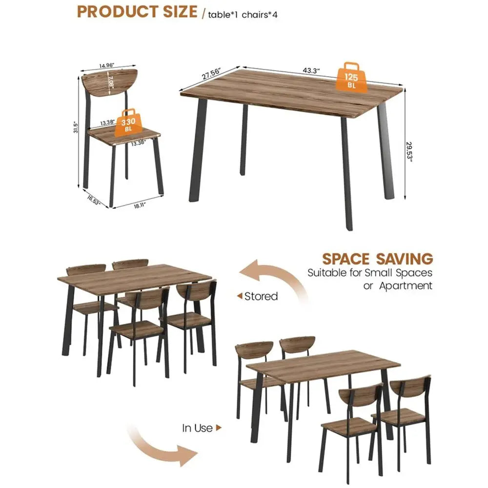 Dining Table Set for 4, Modern Rectangular 5 Piece Dining Room Table and Chairs Set, Brown Wooden Metal Table Set for Family Din