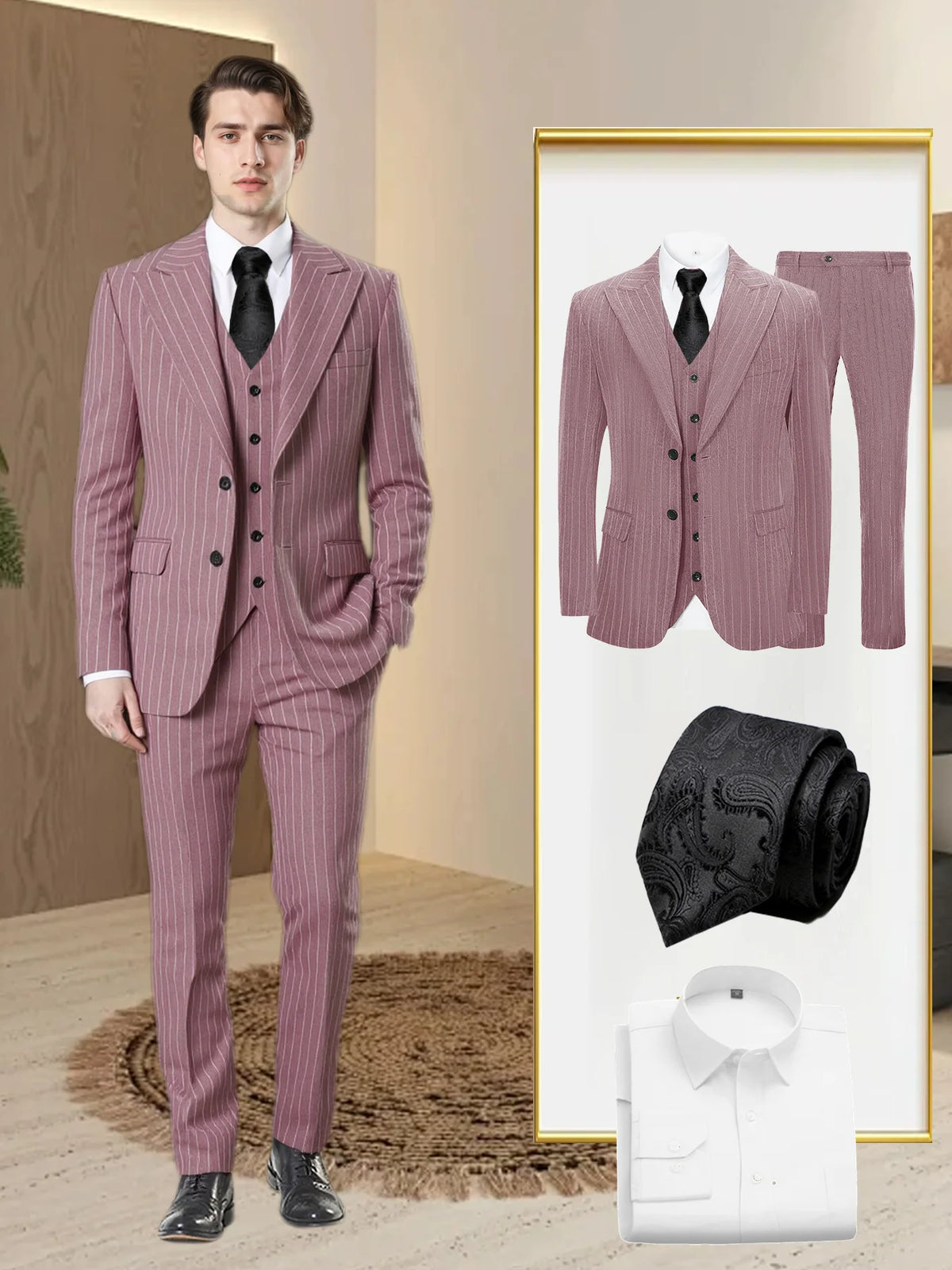 Men's 5-piece vertical striped suit+double button jacket+pants+white shirt+black tie, suitable for wedding/business/daily wear