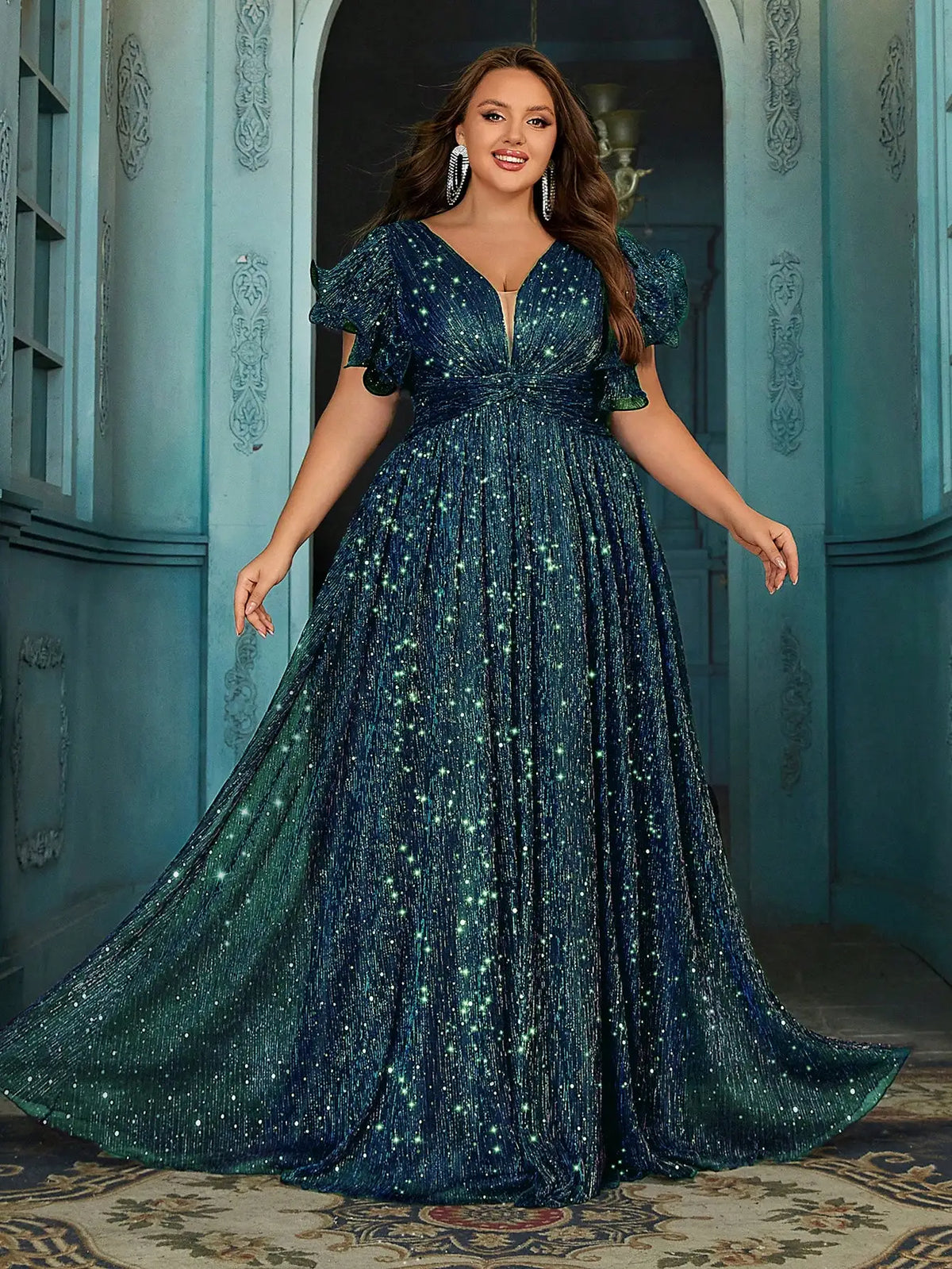 Plus Size Shiny Formal Party Dress With Ruffle Sleeves V Neck Floor Length