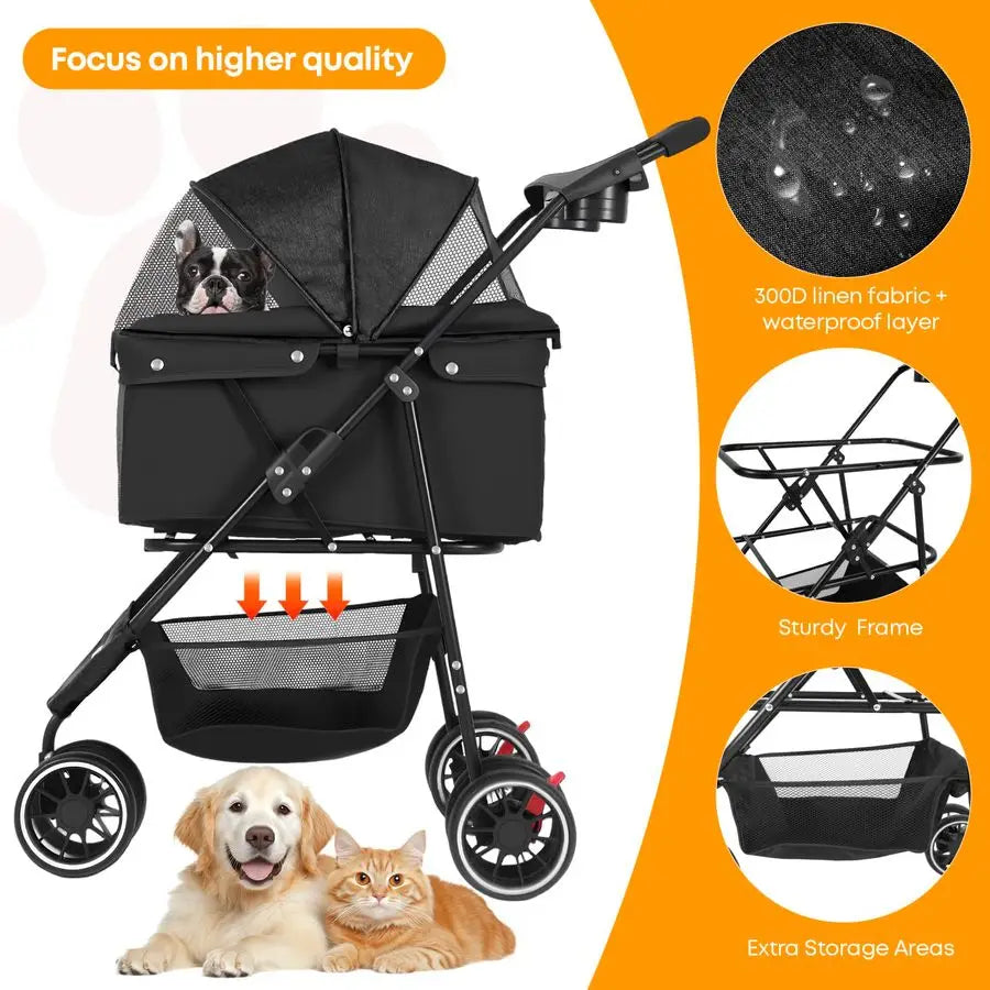 Stroller,Dog Stroller for Small Medium Dogs Cats,3 Wheels,Foldable,with Breathable Mesh Canopy,Cup Holders,Easy Assembly,Black