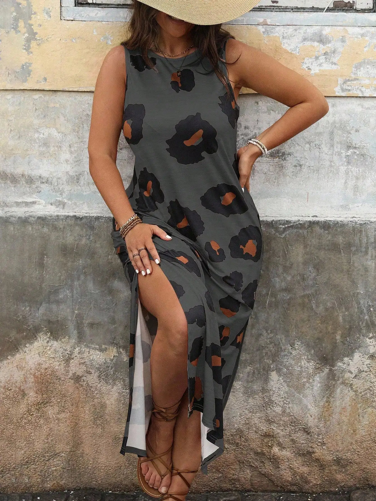 Leopard Print Split Thigh Maxi Dress for Summer Vacation