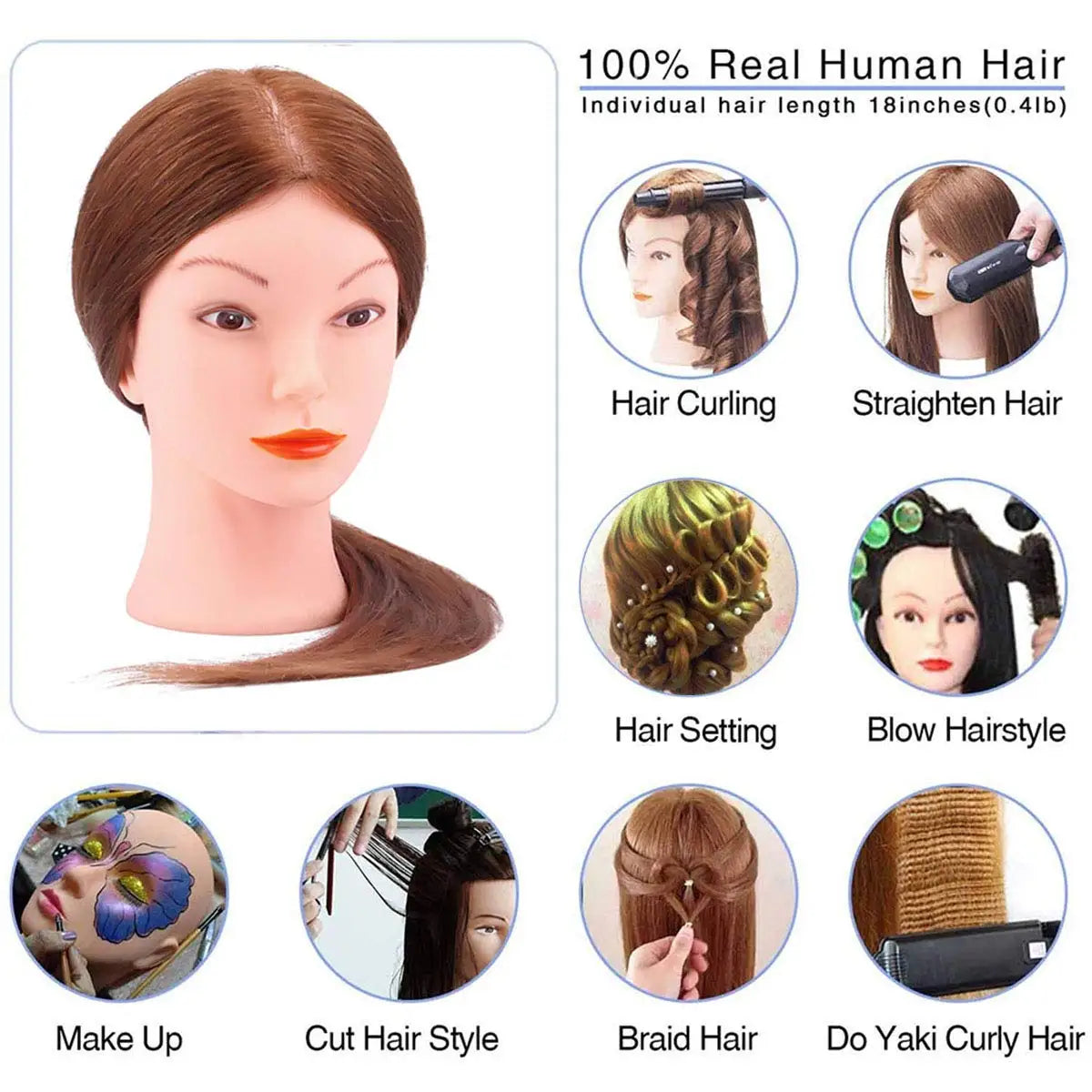 100%Real Hair Doll Head For Curling Straightening Dyeing Braiding Hairdressing Dark Brown Mannequin Head Training Head Kit 2028