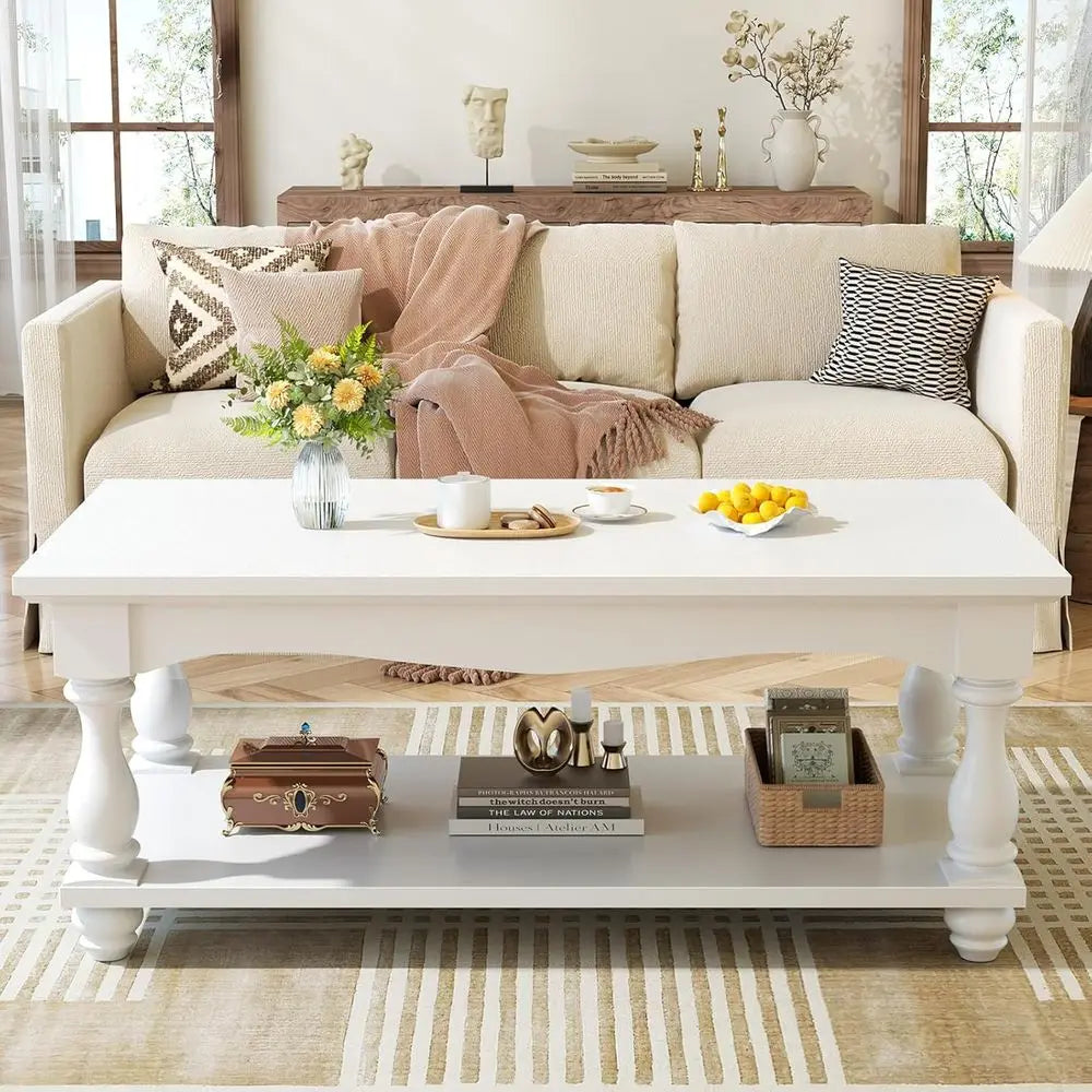 armhouse Coee Table with Storage, Century Coee Tables or Living Room, 47 inch ern 2-Tier White Coee Table with Solid Wood Legs,